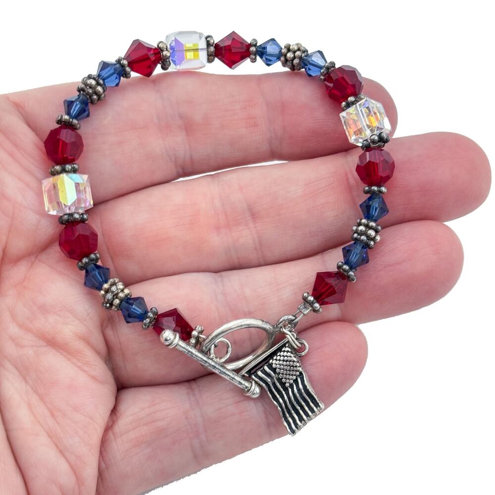 Vintage Sterling Silver 925 Patriotic Crystal Flag Charm Bracelet 7.5"